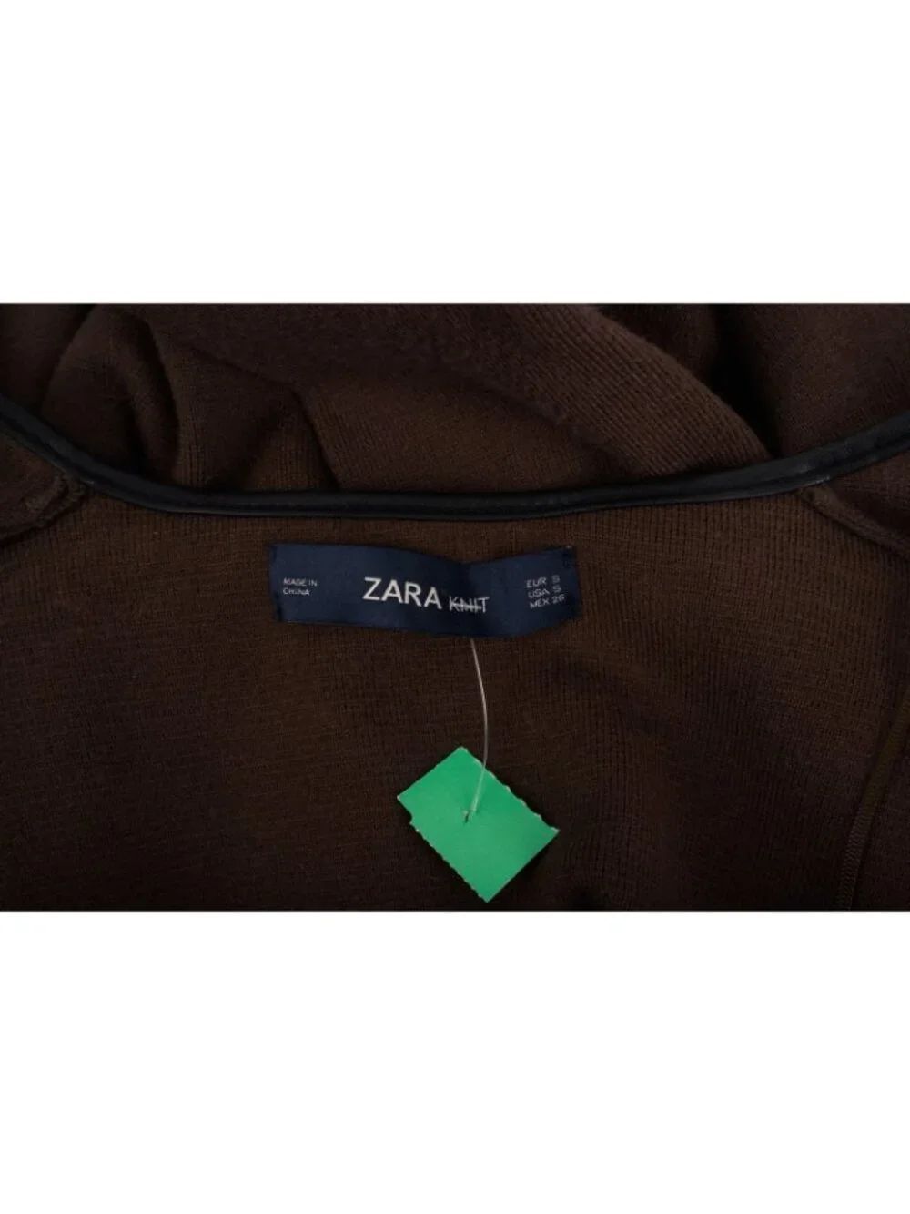Zara Knit Womens Sweater Small Brown Cardigan Faux Leather Trim Open Front EUC - Picture 6 of 6